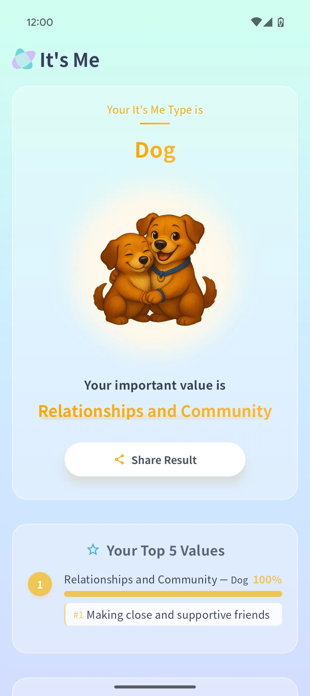 Dog type assessment result screen