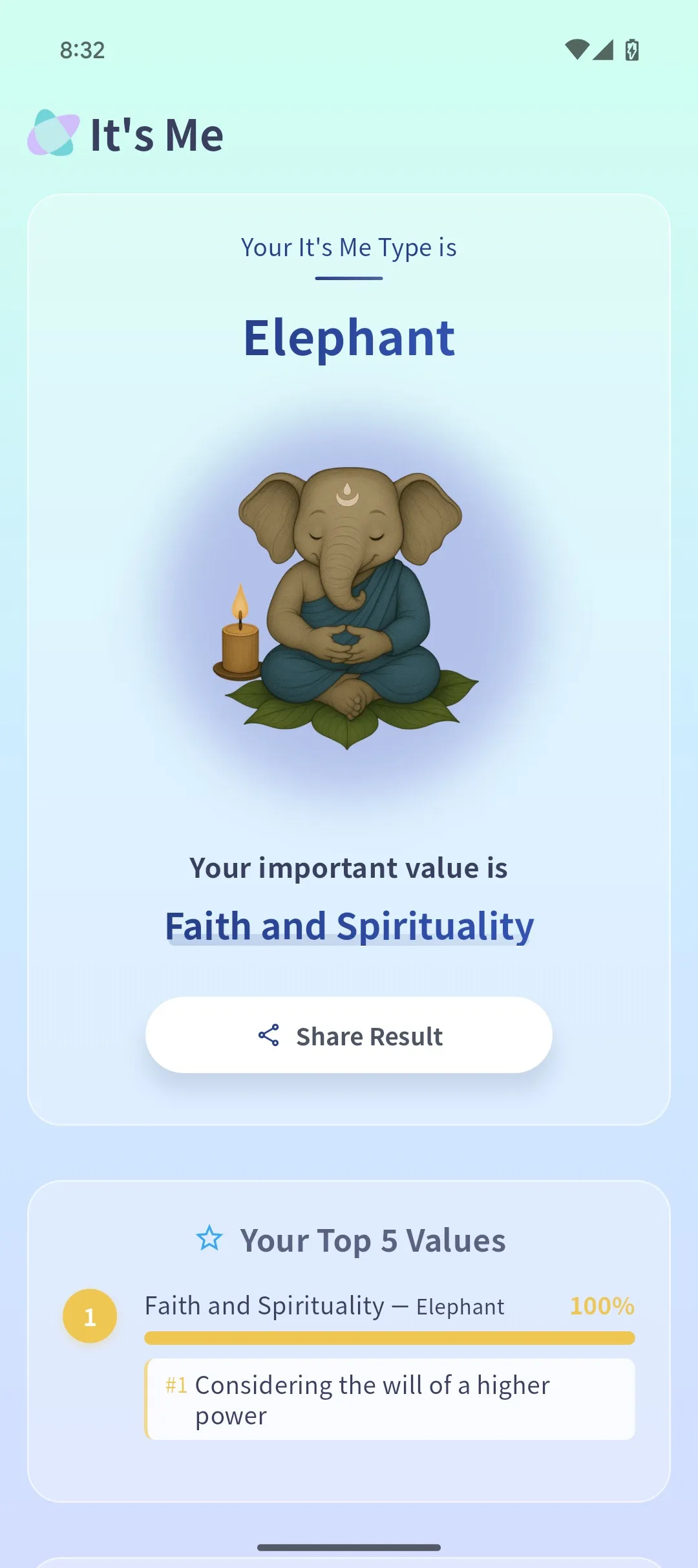 Elephant type assessment result screen
