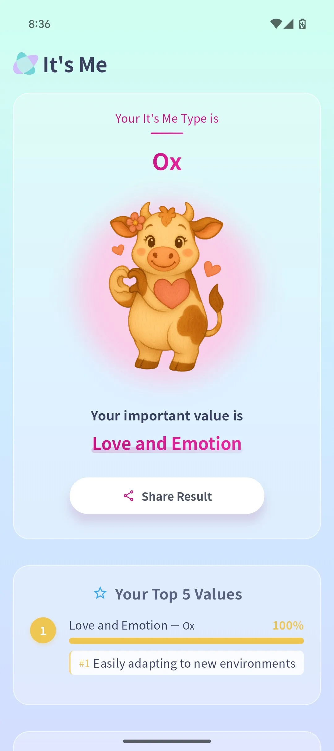 Ox type assessment result screen